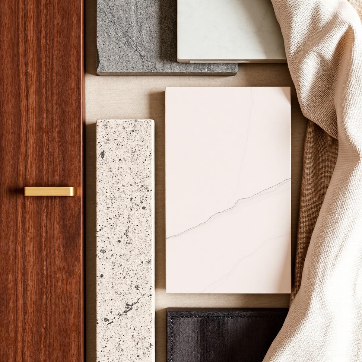 Premium-Materialien für NivoRaum Wohnraumlösungen: Holz, Stein, Messing, Leinen